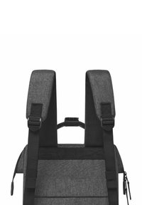 Black fabric backpack with padded shoulder straps, adjustable buckles, and a top handle, featuring a smooth texture and minimalist design.