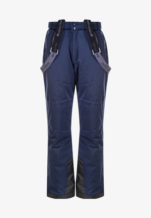 Marineblauwe skibroek met verstelbare banden, twee zijzakken, versterkte zwarte onderranden en een glad, waterafstotend materiaal.