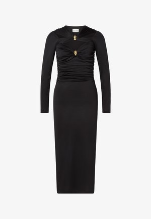 Black long-sleeve dress made of soft fabric, featuring gathered detailing at the waist and a gold accent at the bust. Elegant form-fitting silhouette.