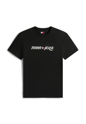T-shirt noir à manches courtes avec le texte blanc "Tommy Jeans" et le logo du drapeau rouge, blanc et bleu centré sur la poitrine.
