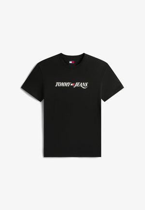 T-shirt noir à manches courtes avec le texte blanc "Tommy Jeans" et le logo du drapeau rouge, blanc et bleu centré sur la poitrine.