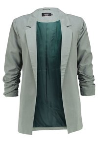 Blazer gris clair à ouverture devant avec manches longues froncées et doublure intérieure vert foncé, taille indiquée 24.