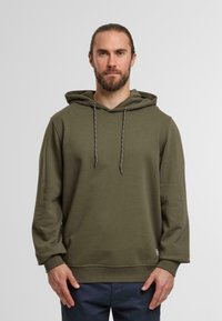 Olive green hoodie with a drawstring hood, ribbed cuffs, and a straight fit. Features textured fabric and a small logo at the hem.