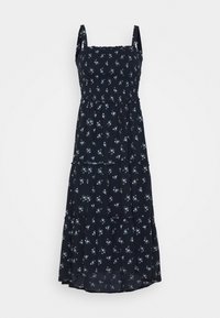 Lång, marinblå klänning med blommönster, justerbara axelband, smockad byst och flerlagad kjol med volangdetaljer. Lätt tygtextur.