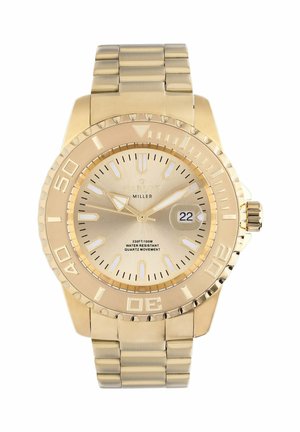 Goldfarbene Quarz-Armbanduhr mit strukturiertem Ziffernblatt, leuchtenden Stundenmarkierungen, Datumsanzeige und einem verlinkten Armband für einen sicheren Sitz.