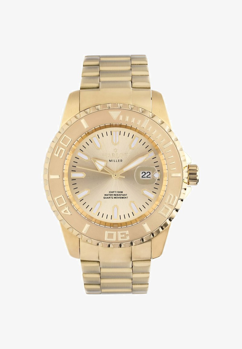 Gold-tone quartz wristwatch with a textured dial, luminous hour markers, date display, and a linked bracelet band for a secure fit.