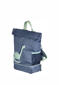 Children’s blue backpack with green dinosaur print, top handle, mesh side pocket, and bottom zip compartment.
