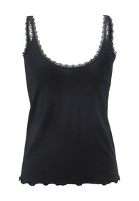 Zwarte tank top met kantafwerking langs de halslijn en schouderbanden, met een gegolfde zoom. Gemaakt van zachte, rekbare stof die geschikt is voor het dragen in lagen.