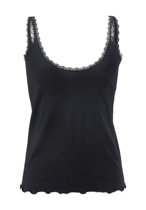Schwarzes Tanktop mit Spitzenbesatz entlang des Halsausschnitts und der Träger, mit einem gewellten Saum. Hergestellt aus weichem, dehnbarem Stoff, der sich gut für das Layering eignet.