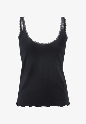 Zwarte tank top met kantafwerking langs de halslijn en schouderbanden, met een gegolfde zoom. Gemaakt van zachte, rekbare stof die geschikt is voor het dragen in lagen.