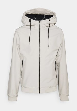 Svetlo siva kapuca jakna z zadrgo na sprednji strani, črnimi vrvicami, dvema bočnima žepoma z zadrgo, rebrastimi manšetami in teksturirano obdelavo.