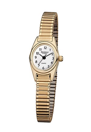 Gold-tone quartz wristwatch with a round white dial, arabic numerals, and a flexible metal bracelet. Features a textured case and crown.
