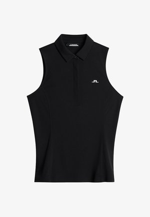 Maglietta polo senza maniche nera con colletto, realizzata in tessuto liscio; presenta un piccolo logo bianco sul lato sinistro del petto e senza bottoni.