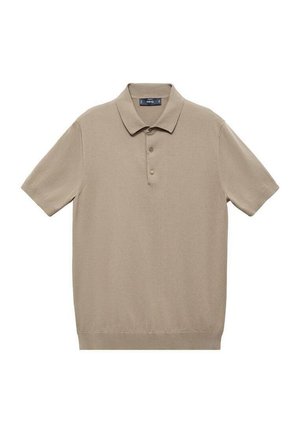 Beige Poloshirt mit kurzen Ärmeln, hergestellt aus einem weichen Baumwollmix, ausgestattet mit einer dreiknöpfigen Knopfleiste und einem gerippten Kragen. Sanfte Textur, lässiges Design.