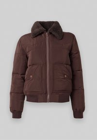 Giacca puffer marrone con colletto in pelliccia sintetica, zip frontale e due tasche laterali. Polsini e orlo a coste per una vestibilità aderente.