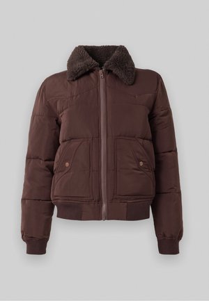Brown puffer jacket with a faux fur collar, front zipper, and two side pockets. Ribbed cuffs and hem for a snug fit.