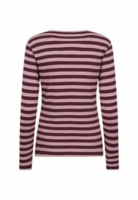 Maglietta a maniche lunghe con texture a coste, caratterizzata da righe orizzontali alternate in prugna scuro e rosa chiaro. Design a girocollo, forma aderente.