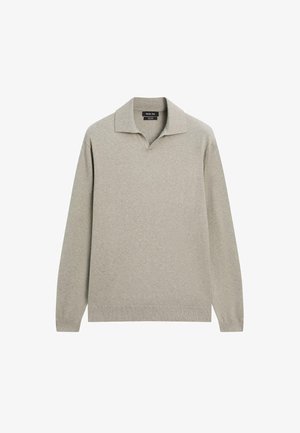 Beiger, langärmeliger Strickpullover mit umgeschlagenem Kragen und V-Ausschnitt, aus weichem Stoff, lässiges und bequemes Design.