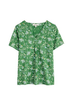 Green short-sleeve top featuring a V-neck and a floral pattern in light blue and yellow, made from a lightweight, smooth fabric.
