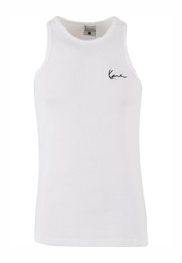 Weißes, geripptes Tanktop mit rundem Halsausschnitt und schwarzem gesticktem Logo auf der linken Brust. Verfügt über eine taillierte Passform und ärmellosen Schnitt.