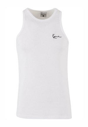 Wei�ßes, geripptes Tanktop mit rundem Halsausschnitt und schwarzem gesticktem Logo auf der linken Brust. Verfügt über eine taillierte Passform und ärmellosen Schnitt.