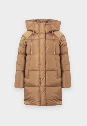 Pruun puffertagi koos kapuutsiga, millel on tikanditud disain, reguleeritav nööriauguga kinnitamine ja pikad varrukad. Sile välimine materjal, millel on veidi läikiv viimistlus.