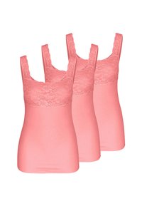 Set of three light pink tank tops featuring wide lace straps and a fitted design with a smooth texture.