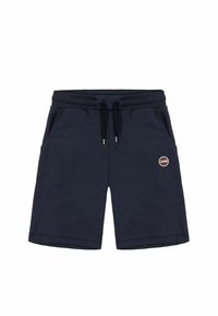 Bermuda blu navy realizzate in tessuto morbido, con vita elastica e coulisse, tasche laterali e un piccolo logo rotondo decorativo.