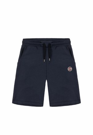 Shorts de sudation bleu marine en tissu doux, dotés d'une taille élastique avec cordon de serrage, de poches latérales et d'un petit logo rond.