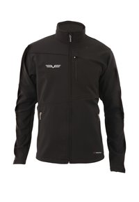 Veste en tissu noir avec un col montant, une fermeture éclair à l'avant et deux poches latérales. Présente un logo sur la poitrine et des contrastes de textures.