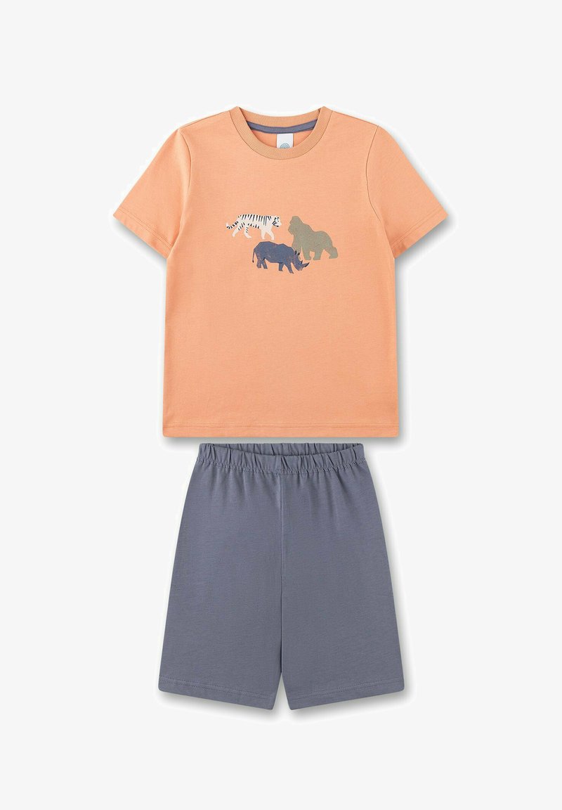 Kurze Ärmel, pfirsichfarbendes T-Shirt mit Tiermotiven in Grau und Blau, kombiniert mit grauen Shorts mit elastischem Bund. Baumwollmaterial für Komfort.