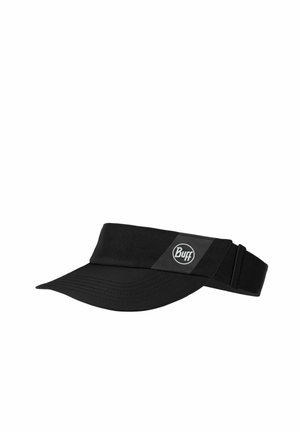 Schwarzes Sportvisier mit gebogenem Schirm und verstellbarem Verschluss, mit kleinem weißem Buff-Logo auf dem Stirnband vorne.