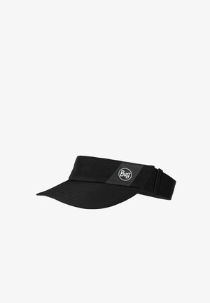 Schwarzes Sportvisier mit gebogenem Schirm und verstellbarem Verschluss, mit kleinem weißem Buff-Logo auf dem Stirnband vorne.