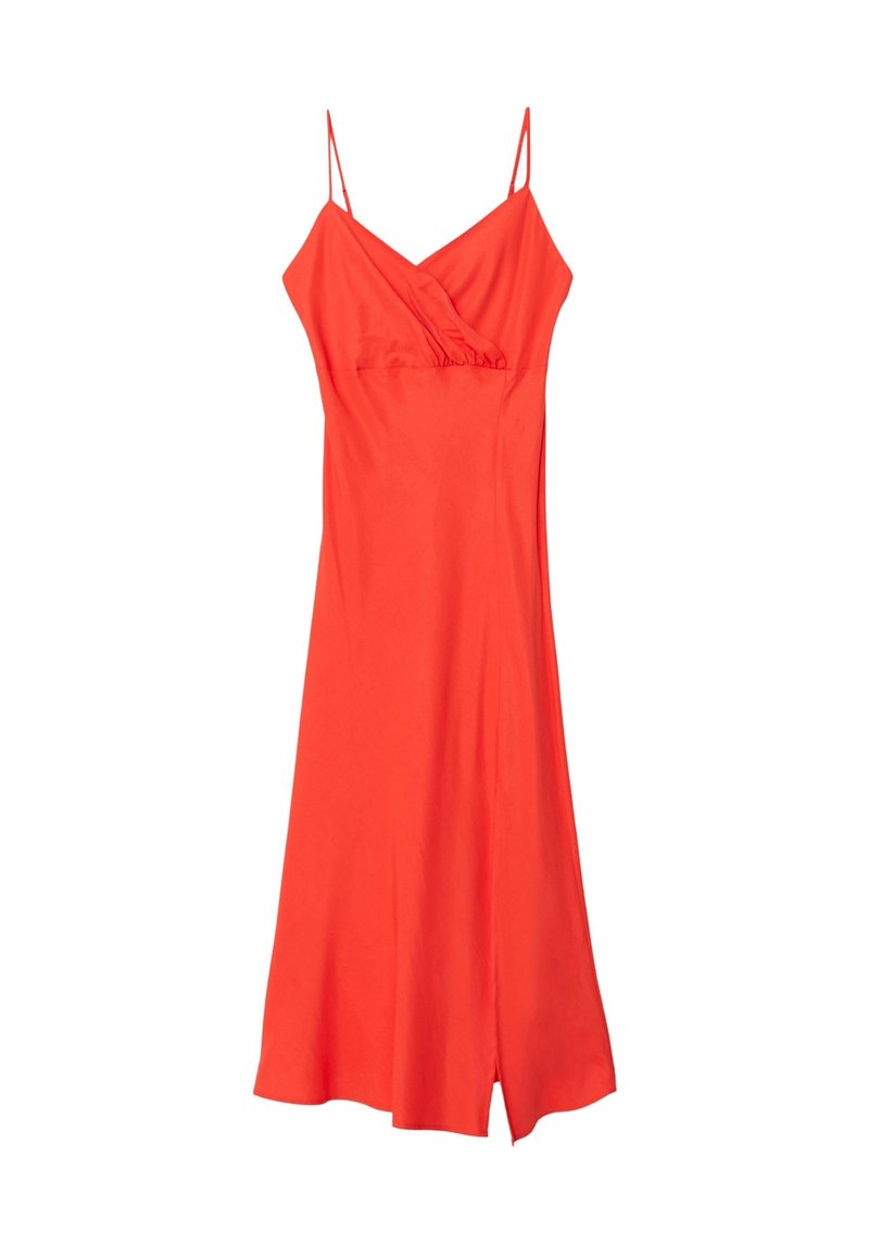 Röd, ärmlös klänning med crossover-bodice, flödande kjol och en framtill öppning. Slätt tyg med tunna justerbara band.