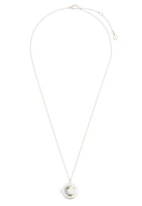 Ringikujuline hõbedane medaljon helmeketil, millel on siniste ja roheliste lillemotiividega, läikiva viimistluse ja keeruka disainiga.