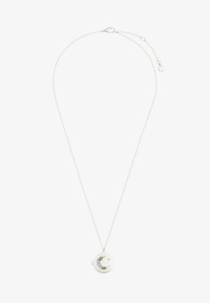 Round silver locket pendant on a bead chain, featuring floral designs in blue and green, with a polished finish and intricate detailing.