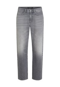 Stredne vysoké rovné šedé džínsy so zosvetleným predkom, zapínaním na gombík, pútkami na opasok a štýlom s piatimi vreckami.