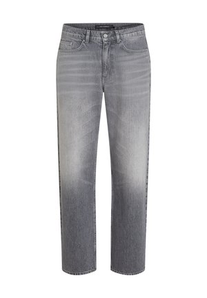 Srednje visoke sive traperice ravnog kroja s izblijedjelim prednjim dijelom, zatvaranjem na dugme, petljama za pojas i dizajnom s pet džepova.