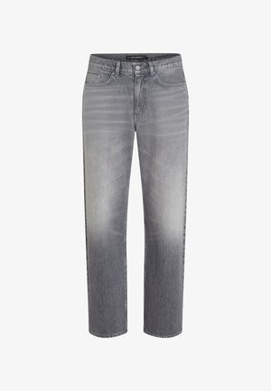 Srednje visoke sive traperice ravnog kroja s izblijedjelim prednjim dijelom, zatvaranjem na dugme, petljama za pojas i dizajnom s pet džepova.