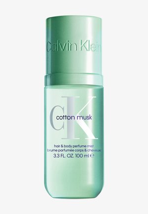 Calvin Klein Cotton Musk Haar- und Körperparfum-Mistflasche, 100 ml, hellgrüne Verpackung mit geprägt eingeprägtem Logo und Text.