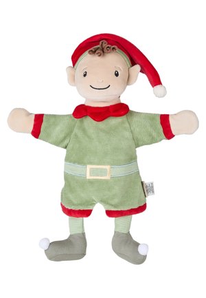 Plush elf doll with curly brown hair, red and green outfit, red hat with white pom-pom, smiling face, and outstretched arms and legs.