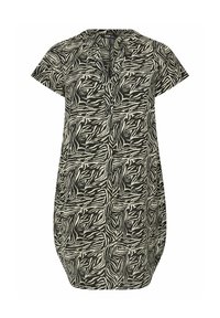 Svart och krämfärgad kortärmad klänning med ett abstrakt zebramönster, V-ringning och en avslappnad passform som avsmalnar vid fållen.