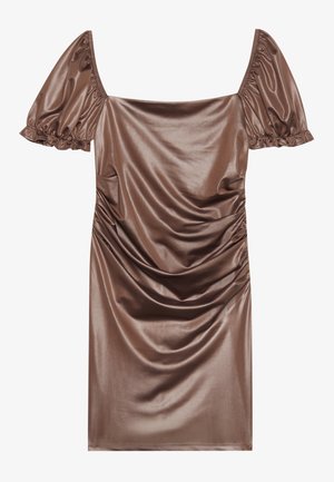 Brown satin dress with short puff sleeves, square neckline, and a fitted silhouette featuring gathered texture on the side.