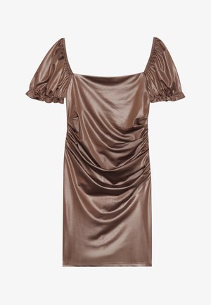 Brązowa, satynowa sukienka z krótkimi bufiastymi rękawami, kwadratowym dekoltem i dopasowanym krojem, z marszczonym wykończeniem po bokach.