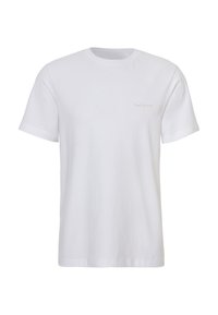 Weißes Baumwoll-T-Shirt mit Rundhalsausschnitt, kurzen Ärmeln und einem kleinen "Surf Resort"-Druck in Hellrosa auf der linken Brust.