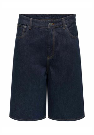 Shorts en jean bleu foncé avec bouton frontal, passants pour ceinture et poches avant, présentés sur un fond blanc.