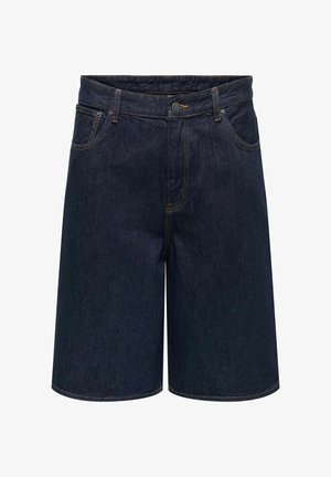 Temno modri jeans kratke hlače z gumbom spredaj, zankami za pas in sprednjimi žepi, prikazane na belem ozadju.