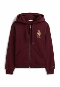 Bordeaux zip-up hoodie lavet af bomuldsblanding, med en kængurupocket, snoretræk i hætten og guld løveemblem med krone.