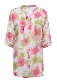 Camicia a maniche corte con bottoni in tessuto leggero e trasparente; presenta fiori rosa e verdi su sfondo bianco, due tasche sul petto e maniche arrotolabili.