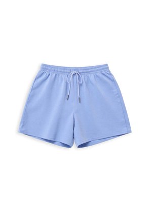 Shorts bleu clair en mélange de coton avec une taille élastique, une fermeture à cordon de serrage et des coutures latérales. Coupe décontractée et flexible. Sans poches.